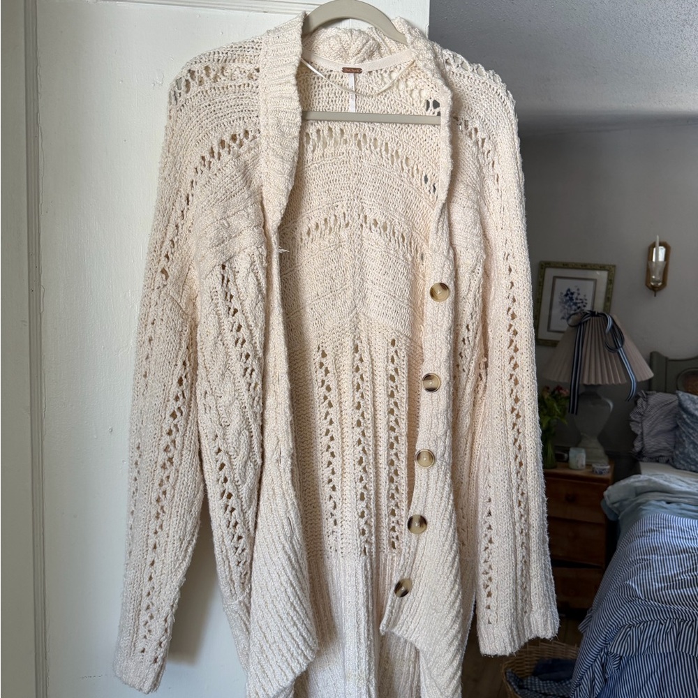 Free People Cream Cable Knit Button Front Cardigan